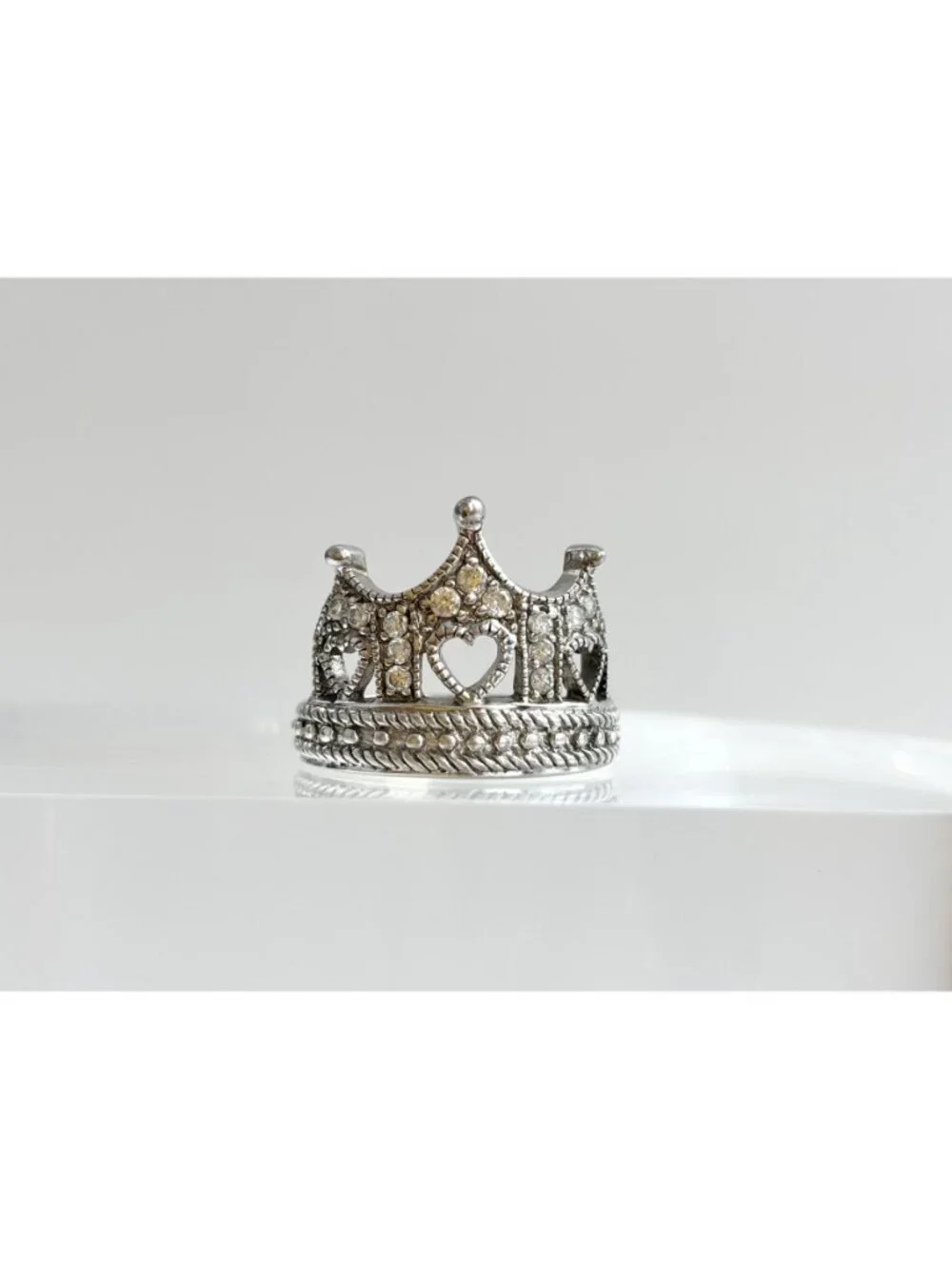 Crown Shaped Milgrain CZ Stone Beaded Sterling Silver 925 Vintage Ring - sz 6